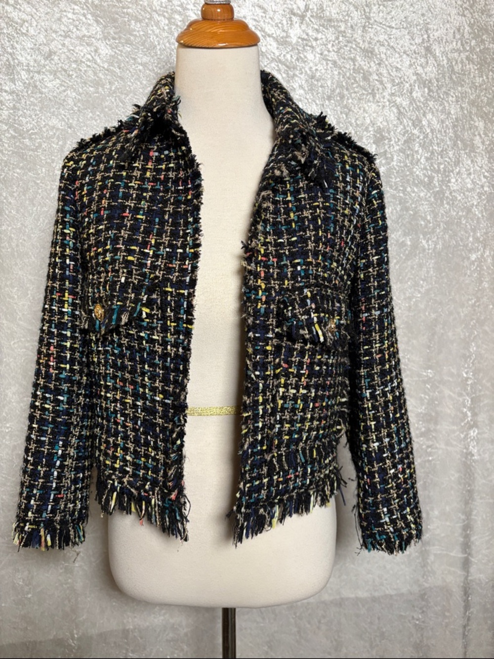 Zara Black Multicolor Tweed Fringe Jacket